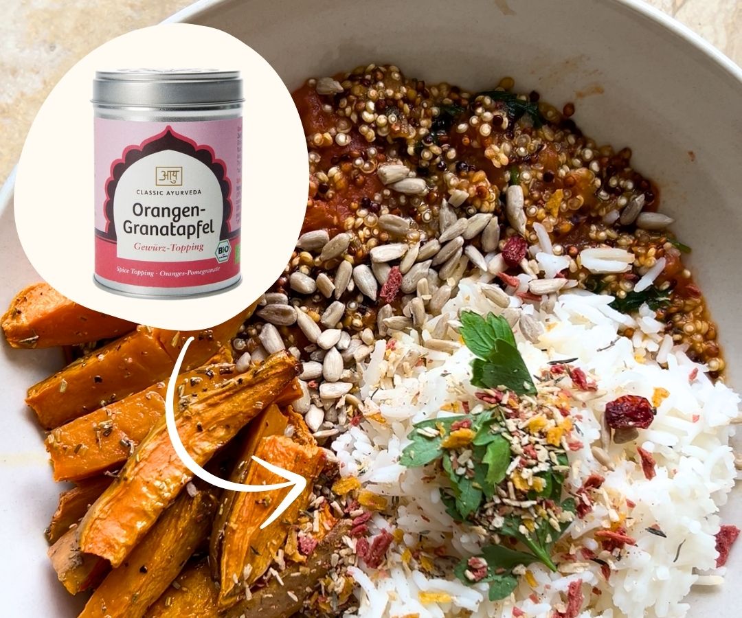 Tomaten-Quinoa mit Reis und Süßkartoffel